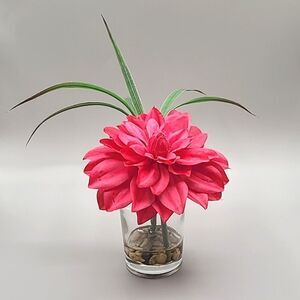 Clear Flower Vase with Large Pink Flower & Greenery in Rocks